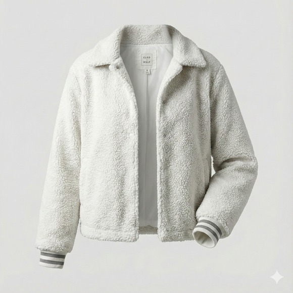 Cleo + Wolf Jackets & Blazers - Cleo + Wolf Sherpa Jacket Small White Bomber Crop Collared Snap Button Women's S
